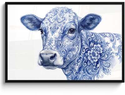 Poster in lijst - Fotolijst 120x80 cm - Posters - Illustratie - Koe - Blauw - Posterlijst zwart - Decoratie - Wanddecoratie woonkamer - Muurdecoratie slaapkamer