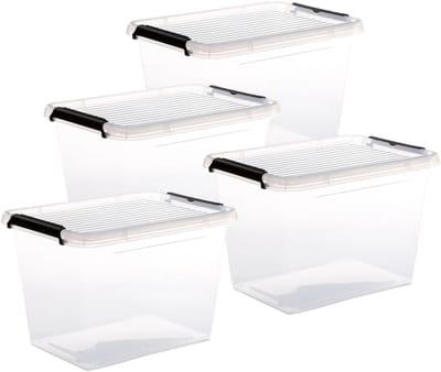 5Five opberg kist met deksel - 4x - Clip Box - 19 liter - 39 x 29 x 27 cm - kunststof - transparant