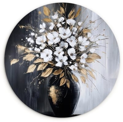 WallCircle® Wandcirkel 120x120 cm - Muurcirkel Bloemen - Wit - Vaas - Abstract - Muurdecoratie woonkamer - Wanddecoratie slaapkamer - Kamer decoratie accessoires - Ronde schilderijen XXL