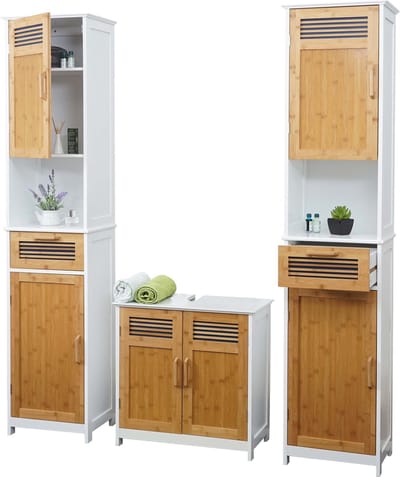 Badkamerset MCW-A85, badkamermeubel 2x hoge wastafel badmeubel bamboe, wit