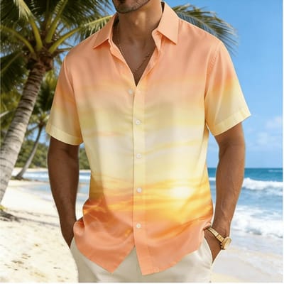 Heren Short Sleeve Shirt met Aquarelprint, Hawaiiaanse Vakantiestijl Top, Los Casual Shirt M beige