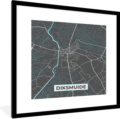 Fotolijst incl. Poster - Stadskaart – Grijs - Kaart – Diksmuide – België – Plattegrond - 40x40 cm - Posterlijst