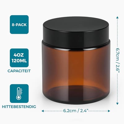 Candala Winter Shore 120 ml Rond Amber Glazen Potjes met Zwarte Deksels (8 Pak) - Glazen Kaar Spotten voor het Maken van Kaarsen - Mini Containers voor Cosmetica, Lotion & Make-up - Glazen Potjes met Deksel