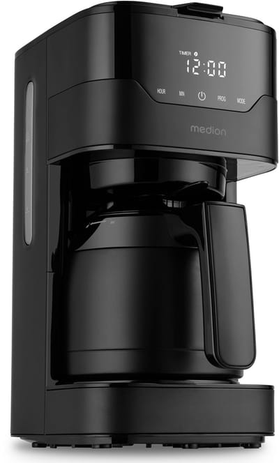MEDION koffiezetapparaat met thermoskan en timer (filterapparaat, 8 kopjes, 1,2 liter, 900 watt, 3 standen, warmhoudfunctie, timer, anti-druppel, display, MD18458) roestvrij staal