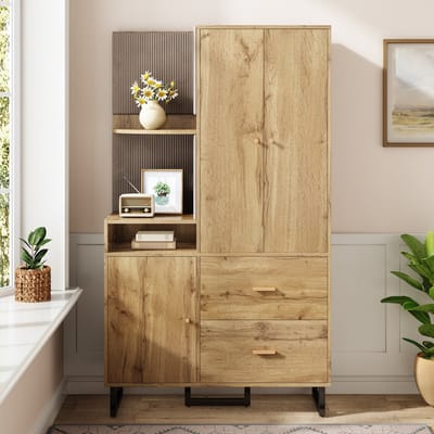 STILVORA Garderobekast – Compacte Garderobe Met Gestoffeerde Panelen En Open Vakken – Uitklapbare Kleerrail En 2 Laden – MDF – 110x38x186 cm – Zwart+Notenbruin