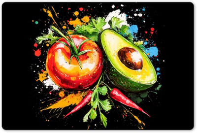 Placemats 45x30 cm - Placemat kunststof - 1 stuk - Tomaat - Avocado - Peper - Graffiti - Verf - Modern - Borden onderleggers - Decoratie voor op tafel - Keuken tafeldecoratie accessoires - Vinyl onderlegger - Tafelversiering