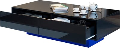 MODFU Salontafel 115×55×34 cm – Hoogglans zwart met LED-verlichting – 2 lades & opbergruimte – Modern design – Spaanplaat – Zwart – Woonkamer