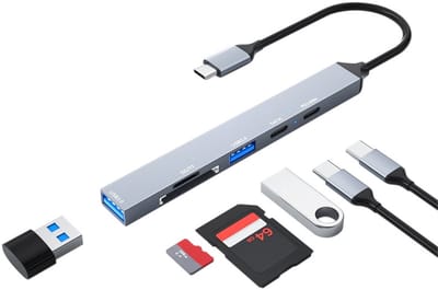 6 IN 1 USB-C naar 2x USB-C Female + 2x USB Female + SD + Micro-SD - adapter kabel hub connector - geheugenkaart lezer - voor o.a. telefoon en laptop - grijs