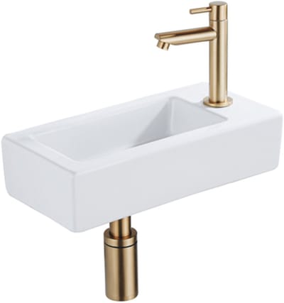 QeramiQ Fuente Fonteinset - 37.5x18.5x9cm - keramiek - kraangat rechts - fonteinkraan geborsteld messing - afvoerplug - verlaagd sifon - Glans wit
