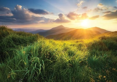 Fotobehang - Natuur - Bergen - Zon - Wolken - Landschap - Vliesbehang - (254 x 184 cm)