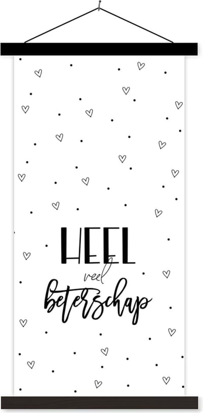 Posterhanger incl. Poster 40x80 cm - Schoolplaat - Beterschap - Spreuken - Hartjes - Zwart wit - Textielposter - Zwarte latten