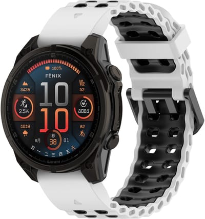 Strap-it siliconen 'Wave' sport bandje geschikt voor Garmin Fenix 9 (Pro) 47mm - Fenix 8 (Pro-E-47mm) - Fenix 7 (Solar-Pro) - 6 (Solar-Pro) - Fenix 5 (Plus) / Forerunner 970 - 965 - 955 - 945 - 935 - 745 / Quatix 8 - 7 - 6 - 5 - Wit/Zwart