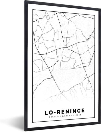 Fotolijst incl. Poster Zwart Wit- Stadskaart – Plattegrond – België – Zwart Wit – Lo Reninge – Kaart - 40x60 cm - Posterlijst