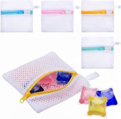4 stuks anti-plakkende waszakken, kleine mesh waszakken voor delicate kleding, duurzaam en opvouwbaar voor wasmachines, bescherming en opbergtas voor waspods en geurende kralen