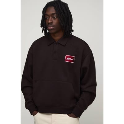 Heavyweight Oversized Boxy Embroidered Badge Polo Sweater | Chocolate | Size Small