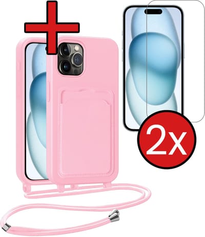 Hoesje Geschikt voor iPhone 14 Pro Hoesje Met Telefoonkoord en Pasjeshouder Met 2x Screenprotector Siliconen - Hoes Geschikt voor iPhone 14 Pro Hoesje Met Kaarthouder Case - Lichtroze
