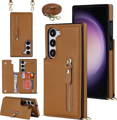 Casemania Hoesje Geschikt voor Samsung Galaxy S23 - Bruin - Luxe Back Cover met Koord & Rits - Wallet Case met Pasjeshouder - Lanyard Telefoonhoes - Cord Case