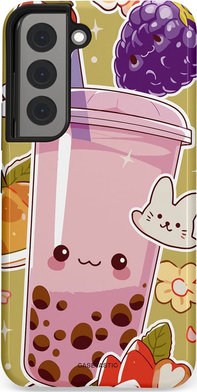 Casetastic Hoesje Geschikt voor Samsung S22 - Stijlvolle Beschermende Duo-layer Case - Roze Rode Kawaii Bubbletea Korea