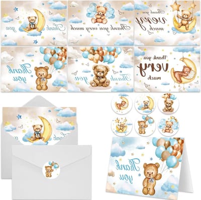 Bedankkaarten Babyborrel - Wenskaarten Beer - Bedankjes Versturen - Met Enveloppen Stickers - 60 stuks - Multicolor