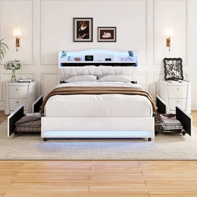 Velvet Opbergbed Beige 140x200 met LED & Opbergruimte – Bed met Lades