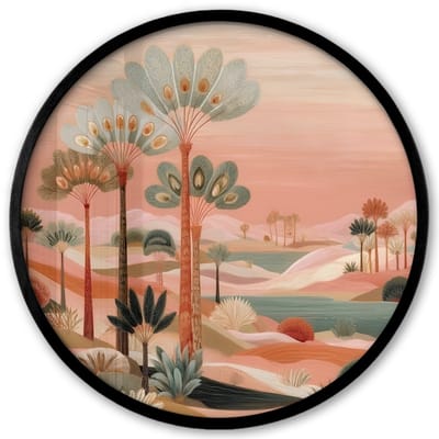 Poster in lijst Rond - Fotolijst 40x40 cm - Posters - Roze landschap - Palmen - Water - Ronde posterlijst zwart - Decoratie - Wanddecoratie woonkamer - Muurdecoratie slaapkamer