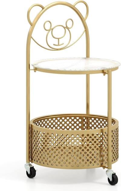 Ronde bijzettafel - Met opbergmand - Woonkamer kantoor - Beweegbaar met wielen - 71 cm hoog - Goud