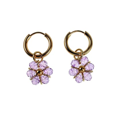 ∅14mm x 2mm Oorringen Dames - Verguld RVS - Paarse Gefacetteerde Kristallen Bloem Hanger - Bungelende Oorbellen