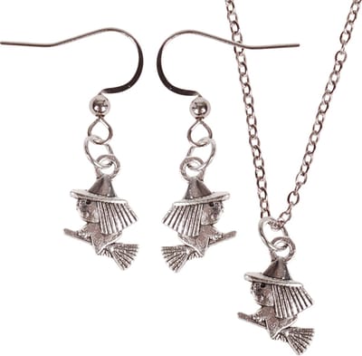 Set - Kinderketting 45cm - Zilverkleurige Oorbellen - Hangertje Heksje zilverkleurig 1,5cm