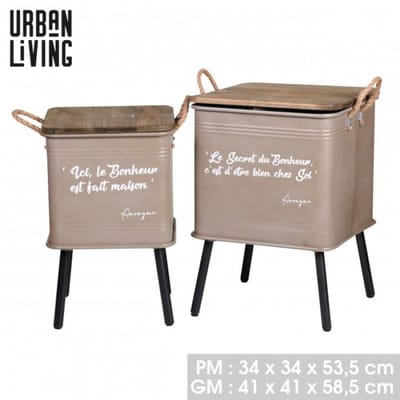 "LOFT & METAL" SET VAN 2 METALEN KISTTAFELS MET POTEN EN TOUWHANDVATEN IN TAUPE