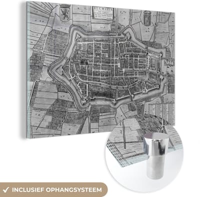MuchoWow® Glasschilderij 60x40 cm - Schilderij acrylglas - Plattegrond - Alkmaar - Zwart Wit - Foto op glas - Schilderijen - Stadskaart