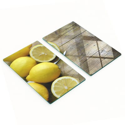 Set van twee glazen snijplanken met citroenmotief op hout, 2x30x52 cm