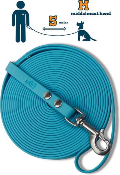 Miqdi lange lijn - BioThane® - lichtblauw - 5 meter lang – 13mm breed – M – middelmaat hond – lange hondenriem