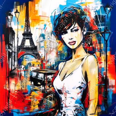John Joseb Art (Canvas) 60x60 | Vrouw in Parijs, Eiffeltoren, abstract, graffiti stijl, kleurrijk, kunst | Frankrijk, vierkant, Herman Brood, oranje, rood, blauw, groen, bruin, modern | Foto-Schilderij print (wanddecoratie)