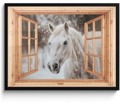 Poster in lijst - Fotolijst 70x50 cm - Posters - Doorkijk - Paard - Wit - Winter - Sneeuw - Dieren - Posterlijst zwart - Decoratie - Wanddecoratie woonkamer - Muurdecoratie slaapkamer