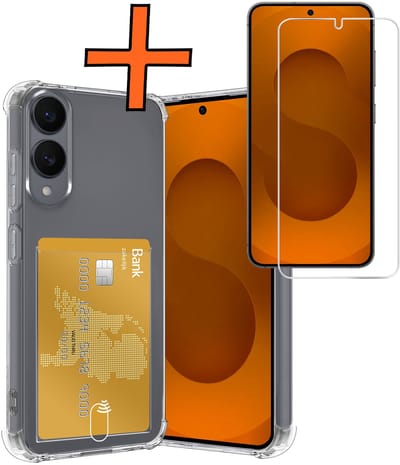 Hoes - Geschikt voor Samsung Galaxy S25 Edge - Met Screenprotector - En Pashouder - En Kaarthouder - Telefoon Hoesje Shockproof - Siliconen Case - Back Cover - Shock Proof - Pasjes Houder - Transparant