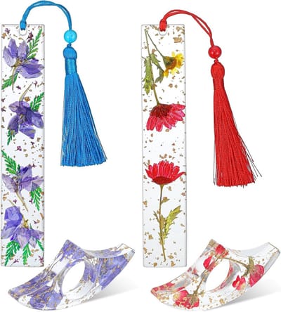 Set van 4 Boekenleggers van Hars met Gedroogde Bloemen en Kwastje - Decoratieve Vinger Boekensteun voor Lezers, Onderwijs en Cadeaus