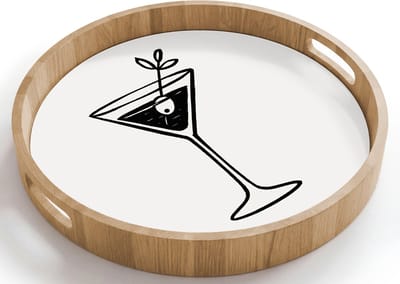 Dienblad rond 40x40 cm - Schootdienblad hout - Cocktail - Glas - Olijf - Minimalistisch - Borrelplank rechthoek - Plateau houten dienbladen