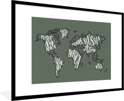 Poster in lijst - Fotolijst 90x60 cm - Posters - Wereldkaart - Grijs - Wit - Posterlijst zwart - Decoratie - Wanddecoratie woonkamer - Muurdecoratie slaapkamer