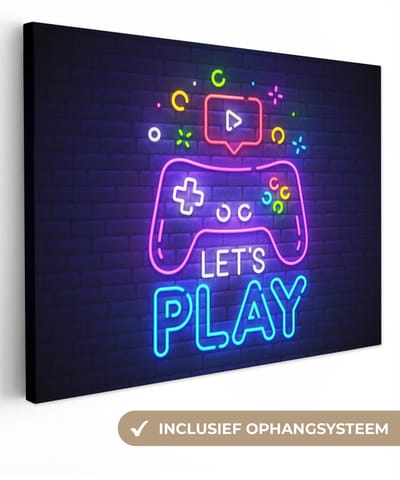 Canvas schilderij 40x30 cm - Wanddecoratie Gaming - Neon - Let's Play - Controller - Quotes - Muurdecoratie game room - Gaming kamer decoratie - Gameroom accessoires - Schilderijen