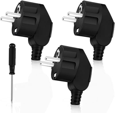 3 stuks Schuko-stekker, geaarde stekker, IP44, hoekstekker, 230 V (16 A), platte geaarde stekker met knikbescherming, onbreekbaar, duurzaam, kan buiten worden gebruikt voor kabels van 8-10 mm
