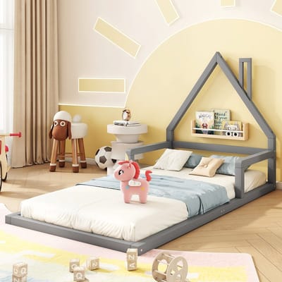 Gutent Kinderbed, Grijs (Zonder matras), 90x200 cm, Plat bed, Huisvorm, Massief grenen, eenvoudige vorm, adolescentenbedden