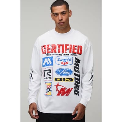 Wit Oversized T-shirt Met Lange Mouwen En Motoprint | White | Size Large