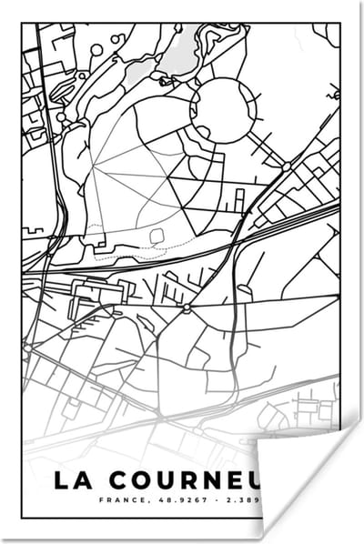 Poster Stadskaart - Plattegrond - Kaart - Frankrijk - La Courneuve - Zwart wit - 120x180 cm XXL