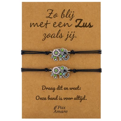 Vriendschapsarmbandjes voor 2 "Zo blij met een Zus zoals jij" - Olifant - BFF Armbandjes met Cadeau Kaartje - Zwart & Zilverkleurig - Elastisch Verstelbaar - Pax Amare