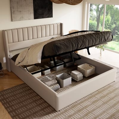 DESMIU Gestoffeerd Bed 160x200 cm – Tweepersoonsbed Met Hydraulische Opbergruimte – Opklapbare Bedbodem Met Bedkist – Voor de Slaapkamer – Linnen – Beige – Zonder Matras