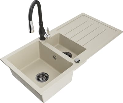 Mexen Andres granieten spoelbak 1,5-kamer met afdruiprek en keukenmengkraan Savita, beige - 6515-69-672601-70