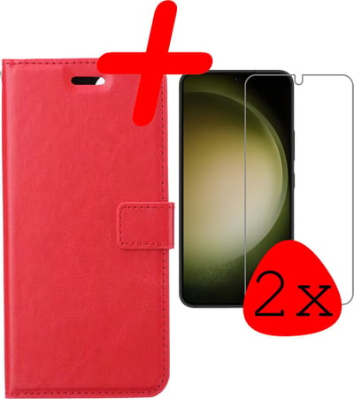 Hoesje Met 2x Screenprotector - Geschikt voor Samsung Galaxy S23 - Luxe Pasjeshouder - Bookcase Portemonee - Flip Case - Kunstleer Book Case - Flipcase Hoes - Book Cover - Walletcase - Portemonneehoes - Rood