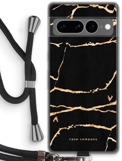 Case Company® - Hoesje met koord geschikt voor Google Pixel 7 Pro hoesje met Koord - Gouden marmer - Telefoonhoesje met Zwart Koord - Bescherming aan alle Kanten en Over de Schermrand