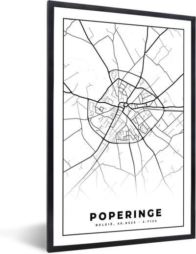 Fotolijst incl. Poster Zwart Wit- België – Poperinge – Stadskaart – Kaart – Zwart Wit – Plattegrond - 40x60 cm - Posterlijst