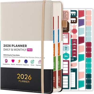 Dagplanner 2026 - 365 dagen, 13,7 x 20,4 cm, uurschema, etiketten en stickers voor een georganiseerd jaar